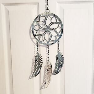 Lotus flower metal dreamcatcher with feathers Blue patina 24" long
